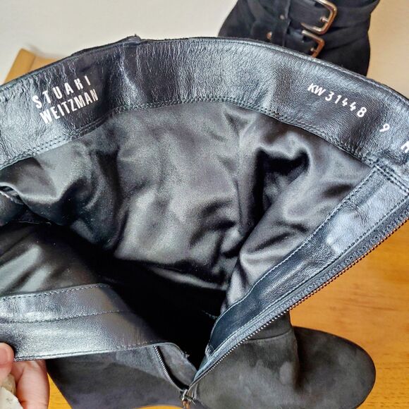 Stuart Weitzman WedgeHolster Black Suede Ruched Buckle Booties Fall Ankle SZ 9 - Picture 7 of 11